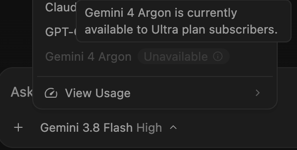 Gemini 4 Argon 선택 시 표시되는 Ultra 플랜 전용 알림 툴팁 (Gemini 4 Argon is currently available to Ultra plan subscribers)